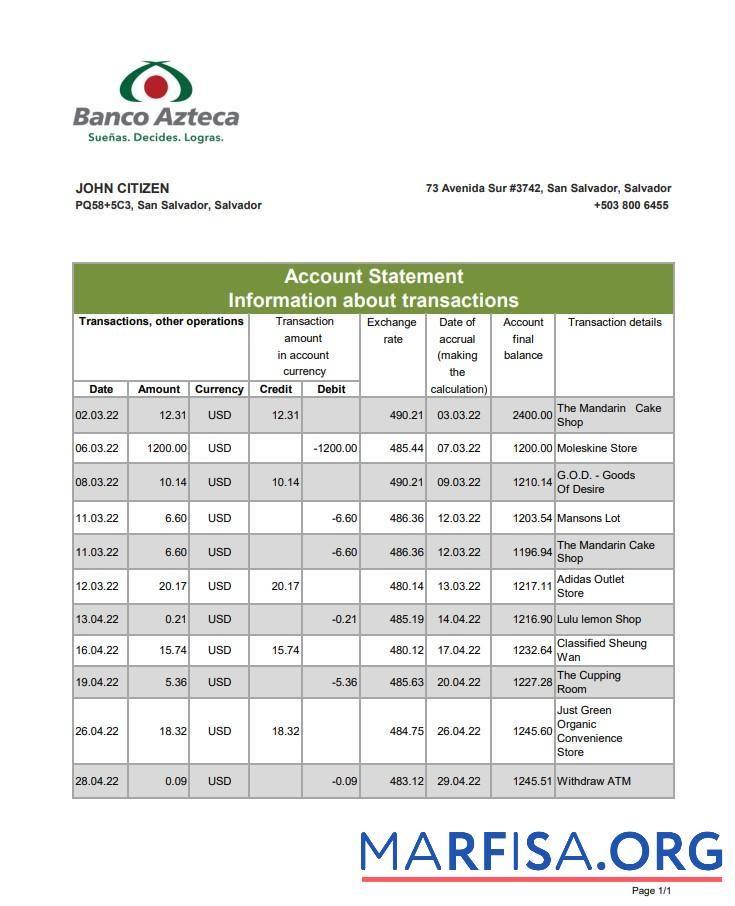 Downloadable Salvador Banco Azteca bank statement excel download for verification